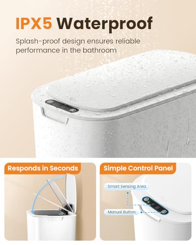 Cesun 5 Gallon White Touchless Bathroom Trash Can with Lid, Automatic Sensor