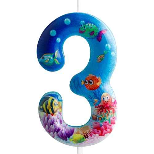 Sea World Birthday Candles Number 3 Blue Sea World Theme 3rd Birthday Party for Girl Boy Birthday Cake Topper Graduation Celebration Anniversary Decorations