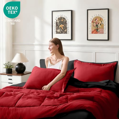 FUANNA Reversible King Size Comforter Set 7 Pieces - Red & Black