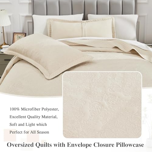Oversized King Bedspread Set - Damask Pattern Beige 138x122, Lightweight Comforter with Pillowcases