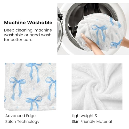 Blue Bow Throw Blanket 60x80 in - Soft Flannel Room Decor for Couch Bed Sofa Gift