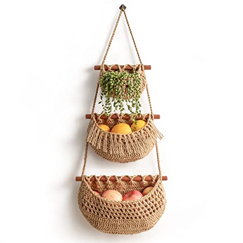 Jute 3-Tier Hanging Fruit Basket Organizer - Handmade Kitchen Storage