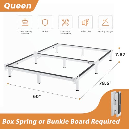 White Queen Metal Bed Frame 8-Inch Support with 9 Legs, Folding Design