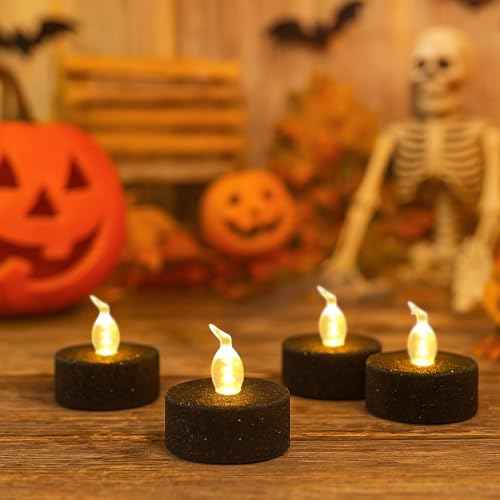 12PCS Black Tea Lights with Timer,Glitter Sparkly Tealights Candles Battery Operated for Holiday,Event,Halloween Decorations