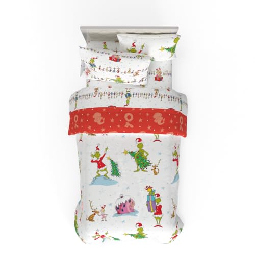Franco Grinch Holiday Twin Bedding Set with Reversible Comforter, Sheets & Shams - White & Red
