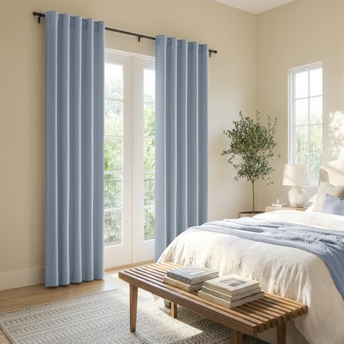 Chambray Blue Linen Textured Semi Sheer Curtains Set of 2 - 42W x 96L, Farmhouse & Living Room