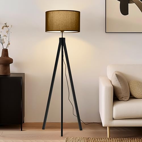 Dimmable Mid Century Tripod Floor Lamp with Solid Wood Legs - Black - Eden Variation