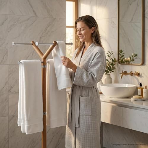 Freestanding Wooden & Stainless Steel Pool Towel Rack - Modern Design, Stable Base, Versatile Placement — Wooden Towel Rack Stainless Steel