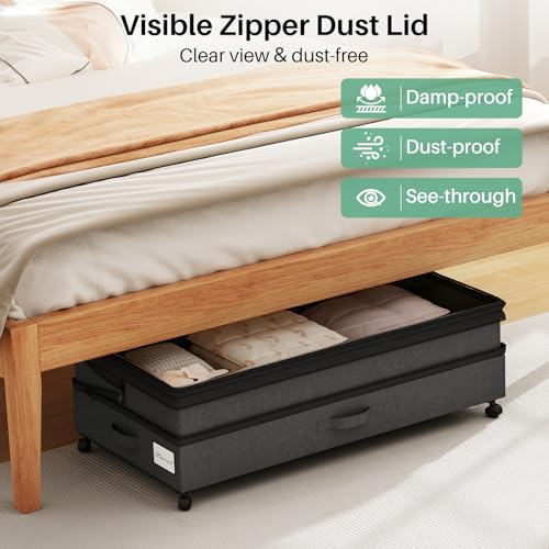 Kitstorack 2-Pack Height-Adjustable Under Bed Storage Containers with Wheels & Clear Window, Black