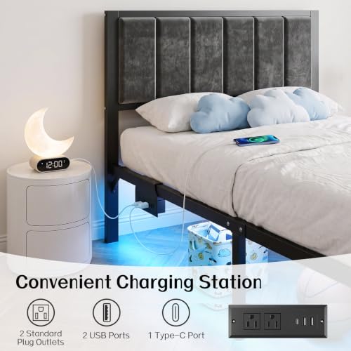 OLEVS Twin Size Bed Frame with Large Storage Drawer, Charging Station & RGB LED Lights - Dark Grey