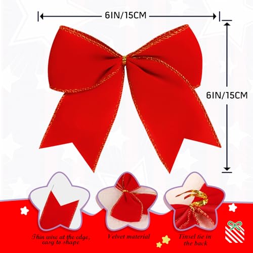 12Pcs Red Velvet Bows Christmas Tree Decorations,6 Inch Xmas Ornaments for Tree Home Party Front Door Wreath Holiday Indoor Inside Decor