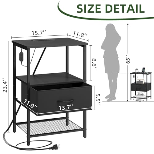 Nightstand Set of 2 with Charging Station & LED Light - Black, 11.8 x 15.7 x 23.4 inches, 1 Drawer