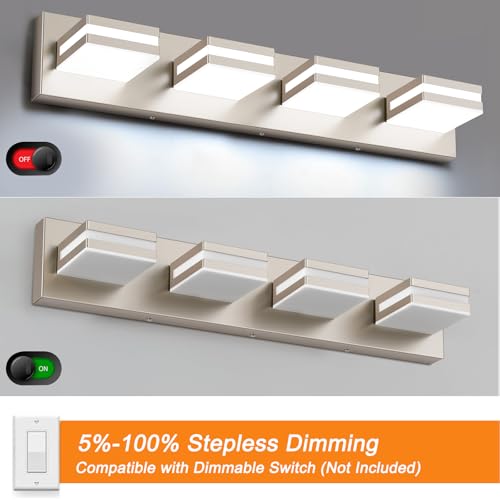Leifod Nickel 4-Light Modern LED Vanity Light Fixture, 24 Inch Dimmable Bathroom Wall Light, No Assembly Required