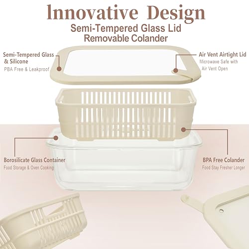 Urban Green Ivory White Glass Food Storage Containers Set with Lids & Colanders, 60oz, Leakproof, Microwave Safe, BPA Free - 2 Pack