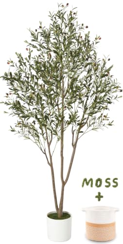 7FT Artificial Olive Tree with Planter & Basket - Green, Indoor Faux Tree