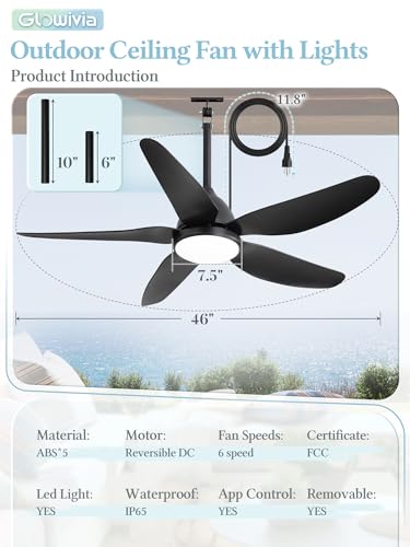 Glowivia 46-Inch Black Outdoor Ceiling Fan with Lights, Plug-in, IP65 Waterproof