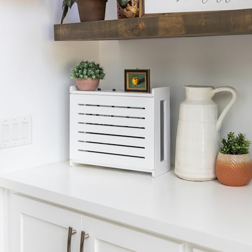 White WiFi Router Storage Cabinet with Wire Organizer and Leveling Hardware
