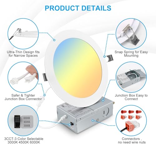 12 Pack 7-Inch Dimmable LED Recessed Lights with Junction Box, 3CCT Selectable, 1600LM Ultra-Thin Ceiling Downlights