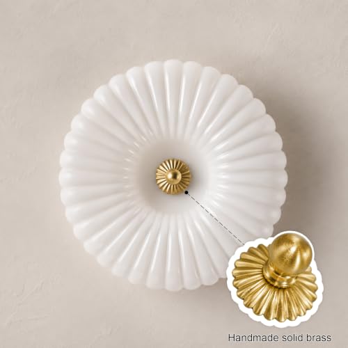 12-Inch Dimmable LED Milk Glass Ceiling Light - Gold Flush Mount, Sunflower Inspired, Remote Control