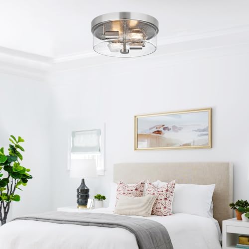 Brushed Nickel 2-Light Flush Mount Ceiling Light Fixture with Seeded Glass Shade for Porch, Hallway, Bathroom, Dining Room, Foyer - SZZGCO