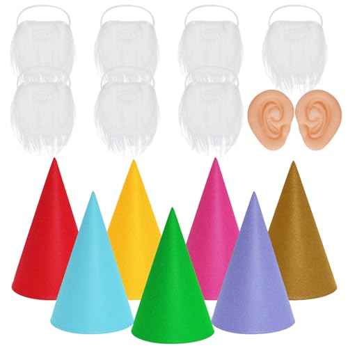 16 Packs Gnome Costume Set 7 Pcs Felt Dwarf Hats 7 Pcs White Fake Beard 2 Pcs Fake Ears for Halloween Christmas Party Cosplay