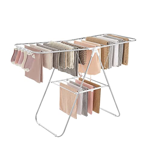 SONGMICS Silver & White Foldable Steel Clothes Drying Rack 1-Tier, Space-Saving Laundry Organizer