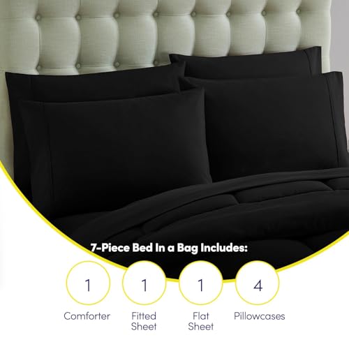 Queen Size Comforter Set with Microfiber Sheets & Pillowcases - Black - 7 Piece