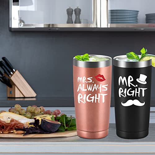 Qtencas Wedding Tumbler Set for Couple Mr. Right Mrs. Always Right Black/Rose Gold - Double Wall Insulated Gift