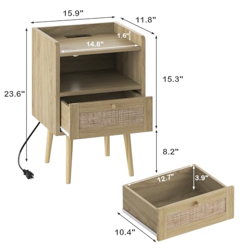 MECHYIN Nightstand Set of 2 with Charging Station, Rattan & Solid Wood, Light Oak, 15.9 x 11.8 inches