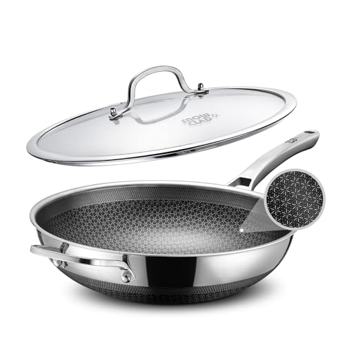 13 Inch Nonstick Wok Pan with Lid - Stainless Steel, Induction Safe, Dishwasher & Broiler Safe - Variation: 13IN