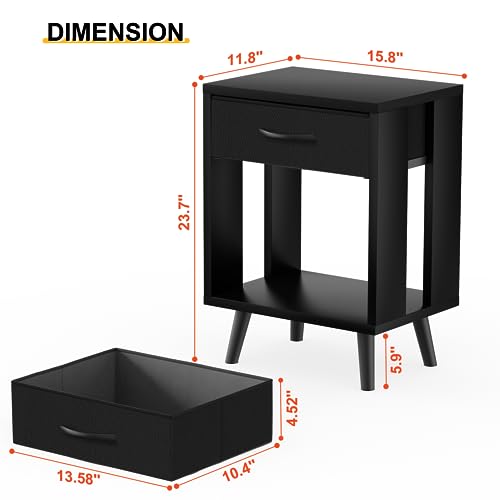 GYIIYUO 24-Inch Nightstands Set of 2 with Fabric Drawers, Black, M (15.7"D x 11.8"W) - Modern Bedroom Storage