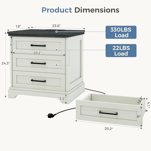 White Farmhouse Nightstand with Built-in USB Charging Station & 3 Drawers - DUMOS
