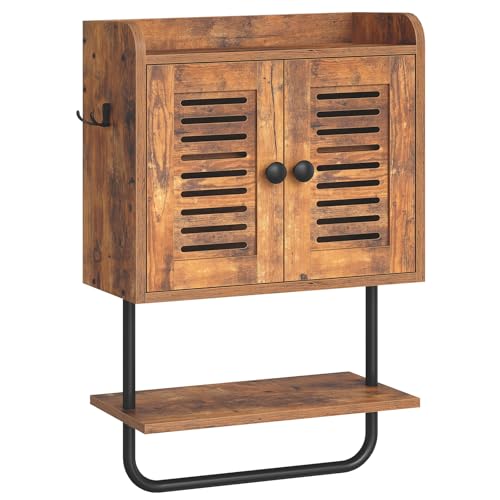HOOBRO Wall Cabinet for Bathroom Kitchen Rustic Brown & Black, Double Doors, Towel Bar, Adjustable Shelf