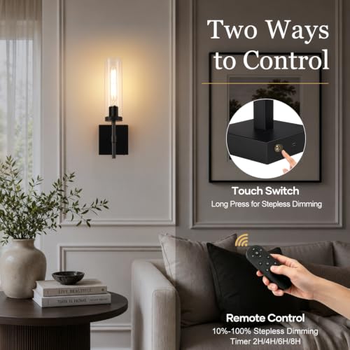 Rechargeable Wireless Wall Sconces Set of 2 with Remote Control - Matte Black & Clear Glass, 3000K Warm Light