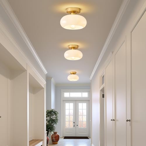 Mid-Century Modern Gold Semi Flush Ceiling Light - 8.66 Inch - White Frosted Glass
