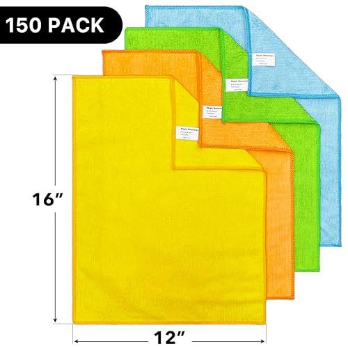 12x16 Microfiber Cleaning Cloths 150 Pack - Multi-Color, Scratch-Free & Absorbent