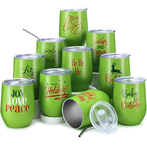 Uiifan 10 Pack Green Christmas Tumblers 12oz Stainless Steel Travel Mugs with Lids & Straws