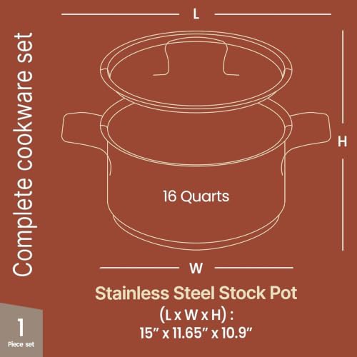 16 Quart Stainless Steel Stockpot with Lid - Durable 18/8 Impact-Bonded Base