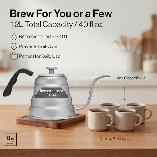 Silver 1.2L Gooseneck Kettle for Pour Over Coffee - Precise Temperature Control