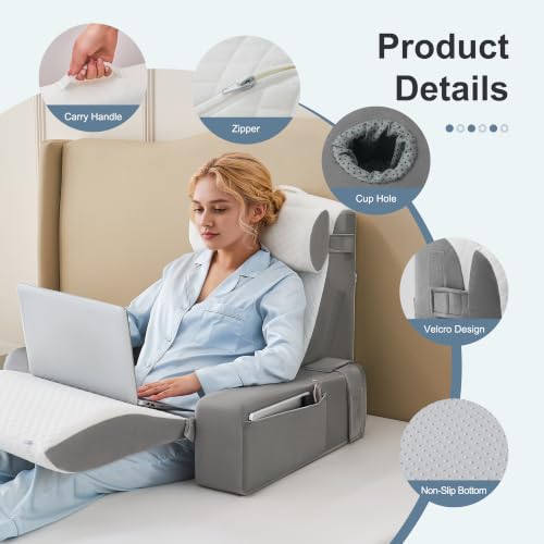 Light Gray Reading Pillow for Bed with Adjustable Armrests & Side Pockets - 5PCS Set