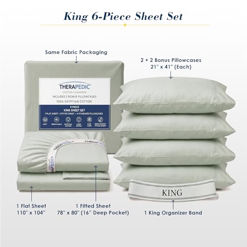 Therapedic 100% Egyptian Cotton King Sheets Set - Sage, 6-Piece Luxury Bedding