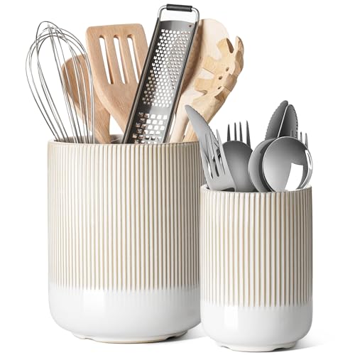 Ceramic Kitchen Utensil Holder Set - 7.3 & 5.4 Inch Warm White Reactive Glaze