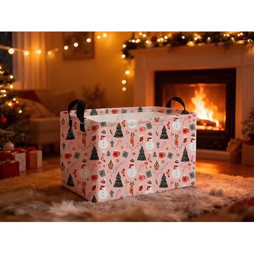 Essme Rectangular Christmas Baskets,Pink Storage Box,Cute Basket for Kids with Handles for Room Decor, Book Bins,Gifts Basket.(Pink Christmas)