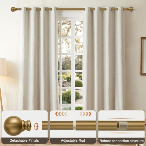 Immiehh Warm Gold Curtain Rod 72-144 Inch Heavy Duty Brass Support with Finials - Adjustable Window Rod