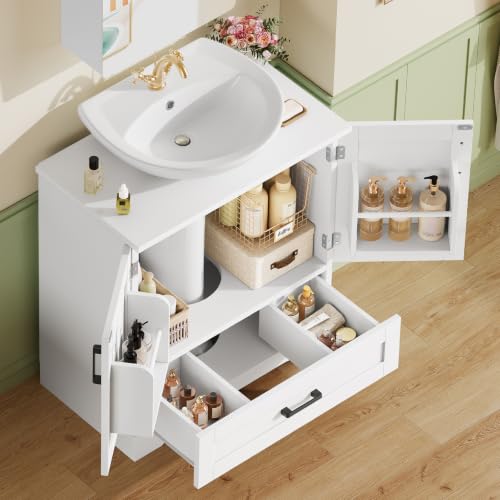 TEENFON 24-Inch White Pedestal Sink Storage Cabinet with 2 Doors & Drawer