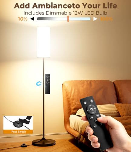 USTO Dimmable Floor Lamp with Remote Control, 12W LED Bulb, Foot Switch - Black