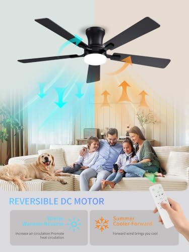 Black 52 Inch Low Profile Ceiling Fan with Light Remote Control - Modern Flush Mount