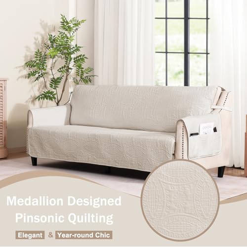 Water-Repellent Quilted Sofa Cover for 88-Inch Grand Sofa - Beige Cream, Waterproof Couch Protector with Anti-Slip Fit