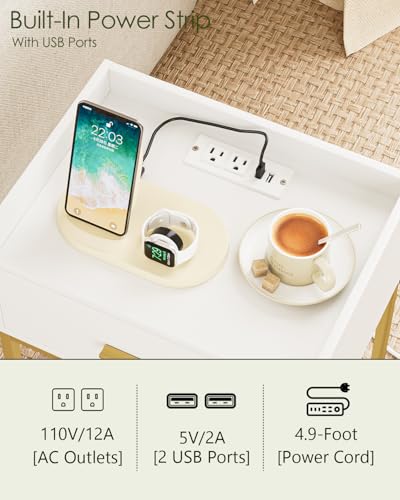 Nightstand with Charging Station, Modern Bedside Table Drawer and