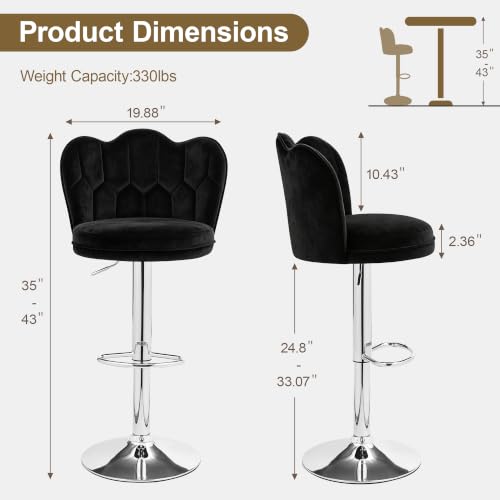 Adjustable Velvet Bar Stools Set of 2 with Backrest - Black